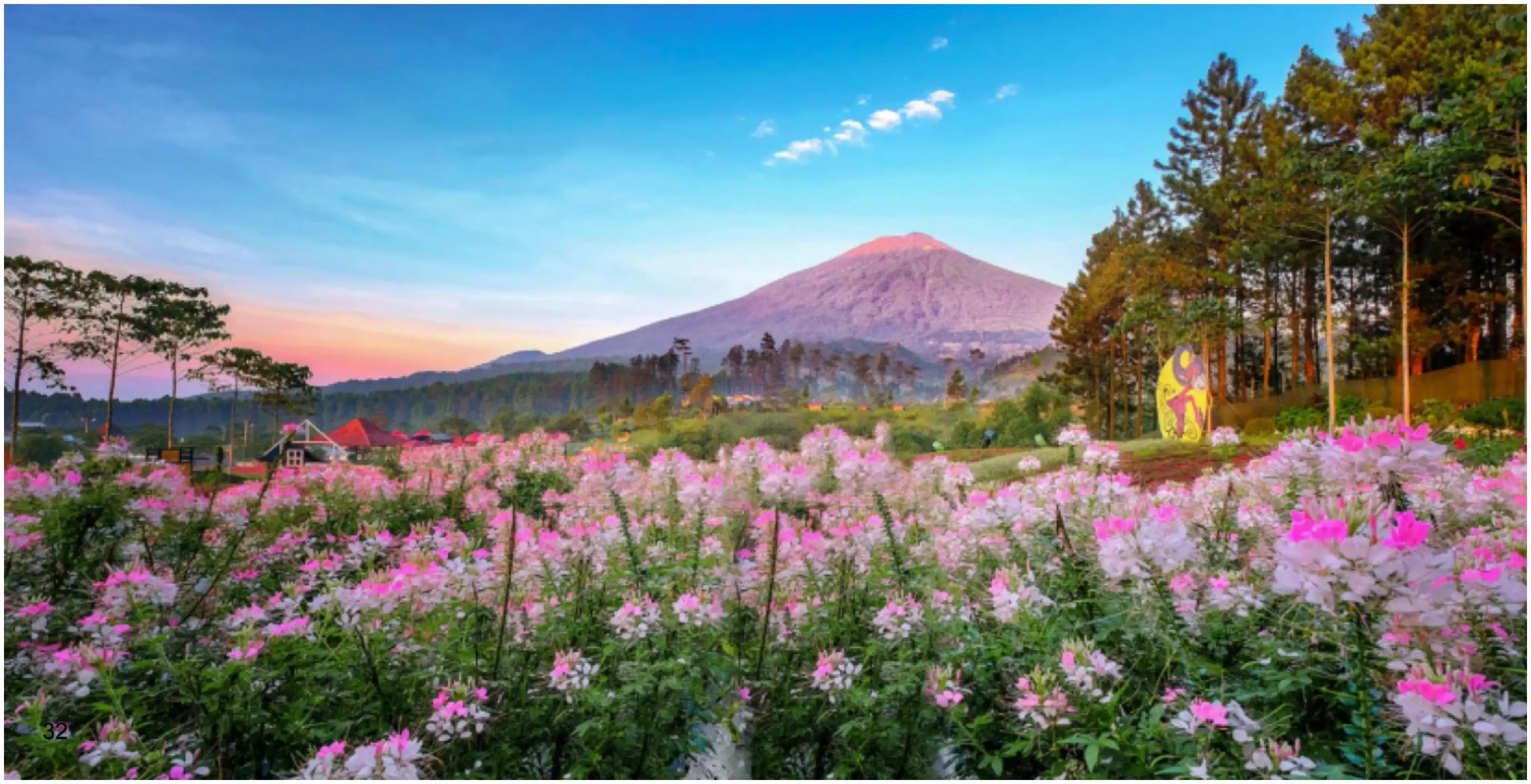 Ambil foto dari sudut playground yang sepi di pagi hari, dengan latar pepohonan rindang dan pemandangan pegunungan.