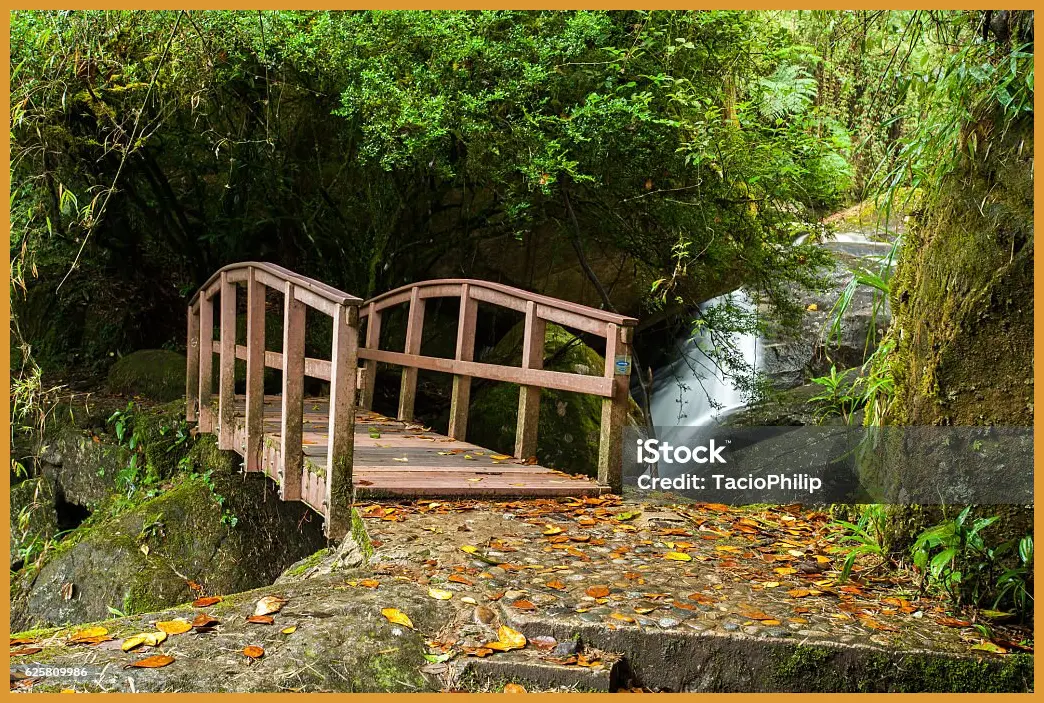 Sudut dari area jembatan kayu kecil dengan latar belakang jatuhan air terjun yang tegak lurus dan pantulan sinar matahari pagi.