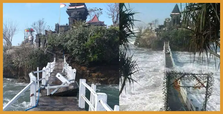 Ambil posisi di sisi kiri jembatan Ismoyo untuk menangkap kemegahan pura dengan latar belakang ombak yang pecah di bebatuan karang.