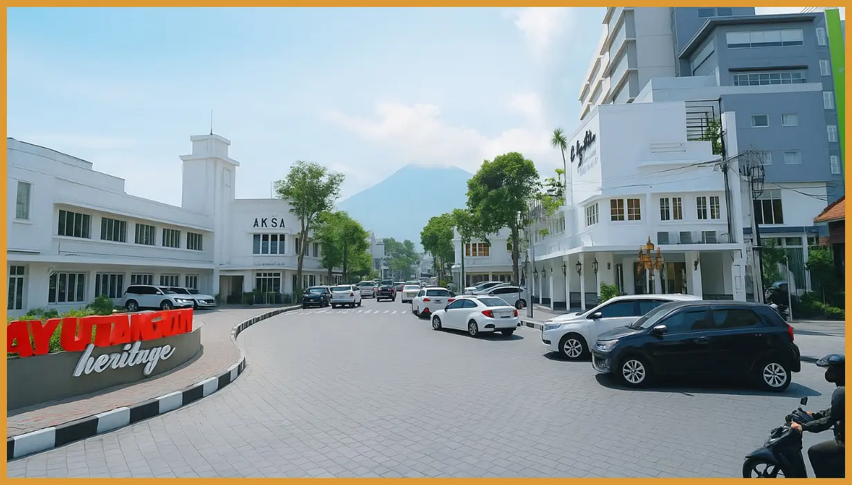 Ambil sudut pandang low angle dari trotoar menghadap gedung kembar di persimpangan Kayutangan saat lampu kota menyala penuh untuk kesan sinematik.
